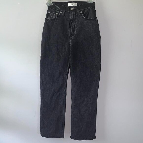 Abercrombie & Fitch Black Denim Jean Faux Leather The Ankle Straight Curve Love - Picture 2 of 4